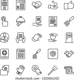 Thin Line Icon Set - passport vector, medical room, document, garden fork, farm, glove, heart hand, client, touch screen, finger up, fingerprint id, handshake, contract, estate, waiter, investment