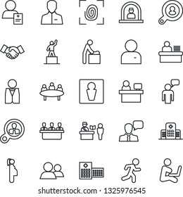 Thin Line Icon Set - passport control vector, male, baby room, reception, handshake, speaking man, pedestal, meeting, manager place, run, hospital, patient, pregnancy, speaker, group, user, desk