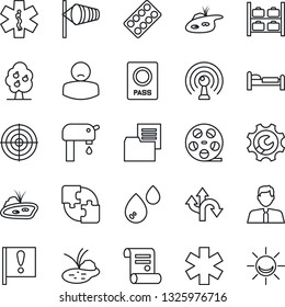Thin Line Icon Set - passport vector, bed, wind, luggage storage, contract, pond, pills blister, ambulance star, patient, route, important flag, folder document, reel, antenna, application, target