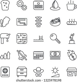 Thin Line Icon Set - passport vector, pedestal, coffee, water drop, medical calendar, cash, traffic light, term, route, flame disk, mute, brightness, archive box, pool, supply, key, bread, chip