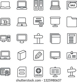 Thin Line Icon Set - passport vector, identity, office binder, notebook pc, document, signpost, monitor, laptop, folder, notes, presentation board, blank box, sale, certificate, guidepost