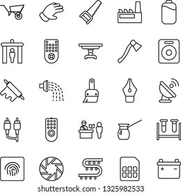 Thin Line Icon Set - passport control vector, security gate, wheelbarrow, watering, glove, saw, axe, drip irrigation, blood test vial, satellite antenna, remote, speaker, rca, mobile camera, themes
