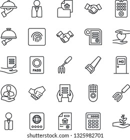Thin Line Icon Set - passport vector, medical room, handshake, document, garden fork, saw, heart hand, client, fingerprint id, estate, waiter, remote control, combination lock, contract