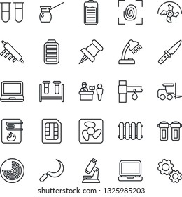 Thin Line Icon Set - passport control vector, fork loader, radar, ripper, sickle, drip irrigation, blood test vial, microscope, laptop pc, paper pin, battery, sim, desk lamp, rolling, knife, fan