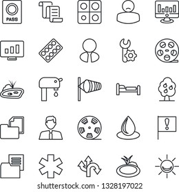 Thin Line Icon Set - passport vector, bed, wind, contract, statistic monitor, water drop, pond, pills blister, ambulance star, patient, route, important flag, folder document, reel, application