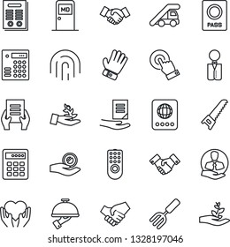 Thin Line Icon Set - passport vector, ladder car, medical room, handshake, document, garden fork, glove, saw, heart hand, client, touch screen, fingerprint id, contract, waiter, remote control