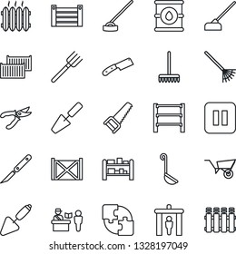 Thin Line Icon Set - passport control vector, security gate, trowel, farm fork, rake, wheelbarrow, pruner, saw, hoe, scalpel, cargo container, oil barrel, rack, pause button, application, heater