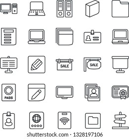 Thin Line Icon Set - passport vector, identity, office binder, notebook pc, document, monitor, laptop, folder, notes, photo gallery, presentation board, blank box, sale, pass card, certificate