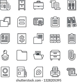 Thin Line Icon Set - passport vector, contract, office binder, document, receipt, folder, news, clipboard, case, paper clip, search, printer, archive box, stamp, certificate