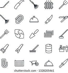 Thin Line Icon Set - passport control vector, trowel, farm fork, rake, wheelbarrow, pruner, saw, hoe, garden knife, scalpel, cargo container, oil barrel, application, paper clip, heater, dish