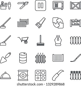 Thin Line Icon Set - passport control vector, safe, trowel, rake, wheelbarrow, pruner, saw, hoe, garden knife, scalpel, cargo container, oil barrel, rack, pause button, application, ink pen, heater