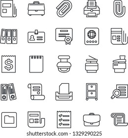 Thin Line Icon Set - passport vector, identity, office binder, document search, notepad, contract, receipt, news, folder, case, paper clip, checklist, printer, tray, archive box, copier, stamp