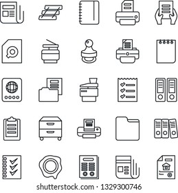 Thin Line Icon Set - passport vector, office binder, notepad, document, stamp, printer, news, folder, clipboard, search, checklist, paper, tray, archive box, copier, contract, estate