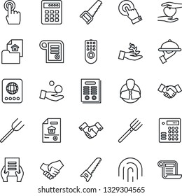 Thin Line Icon Set - passport vector, handshake, document, farm fork, saw, heart hand, client, touch screen, fingerprint id, contract, estate, waiter, remote control, combination lock, palm sproute
