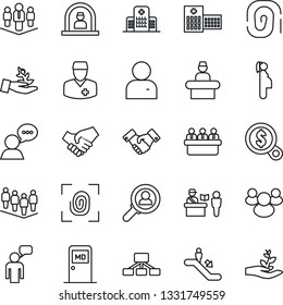 Thin Line Icon Set - passport control vector, escalator, reception, medical room, handshake, speaking man, team, meeting, hospital, doctor, pregnancy, speaker, group, user, company, fingerprint