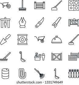 Thin Line Icon Set - passport control vector, security gate, trowel, rake, wheelbarrow, saw, hoe, garden knife, cargo container, oil barrel, rack, application, paper clip, ink pen, dish, ladle