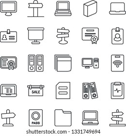 Thin Line Icon Set - passport vector, identity, office binder, notebook pc, document, pulse clipboard, signpost, monitor, laptop, folder, presentation board, blank box, sale, pass card, certificate