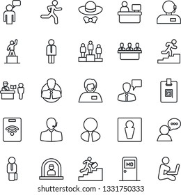 Thin Line Icon Set - passport control vector, male, reception, medical room, manager, speaking man, pedestal, place, run, support, client, speaker, identity card, meeting, career ladder, dress code