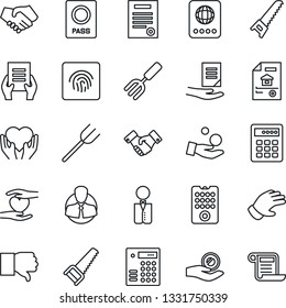 Thin Line Icon Set - passport vector, handshake, document, garden fork, farm, glove, saw, heart hand, client, finger down, fingerprint id, contract, estate, waiter, remote control, combination lock