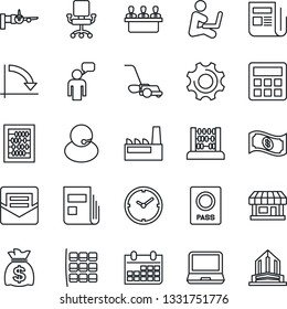 Thin Line Icon Set - passport vector, boarding, seat map, speaking man, abacus, money bag, crisis graph, calendar, lawn mower, store, support, news, laptop pc, settings, calculator, mail, clock