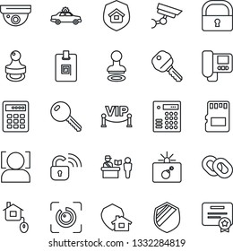 Thin Line Icon Set - passport control vector, alarm car, bomb in case, stamp, shield, chain, sd, lock, face id, eye, identity card, key, estate insurance, vip zone, home, wireless, intercome