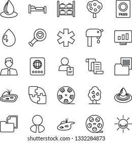 Thin Line Icon Set - passport vector, bed, luggage storage, contract, statistic monitor, water drop, heart diagnostic, ambulance star, patient, folder document, reel, application, pond, supply