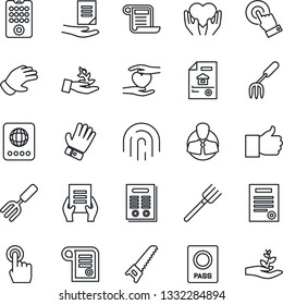Thin Line Icon Set - passport vector, document, garden fork, farm, glove, saw, heart hand, client, touch screen, finger up, fingerprint id, contract, estate, remote control, palm sproute