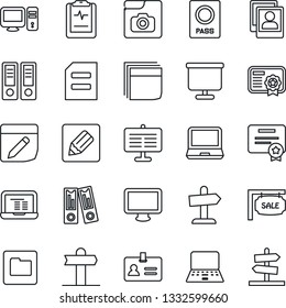 Thin Line Icon Set - passport vector, identity, office binder, notebook pc, document, pulse clipboard, signpost, monitor, laptop, folder, notes, photo gallery, presentation board, blank box, sale
