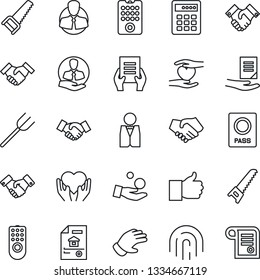 Thin Line Icon Set - passport vector, handshake, document, farm fork, glove, saw, heart hand, client, finger up, fingerprint id, estate, waiter, remote control, combination lock, investment