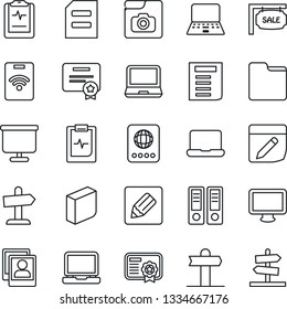 Thin Line Icon Set - passport vector, office binder, notebook pc, document, pulse clipboard, signpost, monitor, laptop, folder, notes, photo gallery, presentation board, blank box, sale, pass card