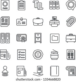 Thin Line Icon Set - passport vector, identity, stamp, contract, office binder, notepad, document, printer, receipt, news, folder, clipboard, case, paper clip, checklist, archive box, copier