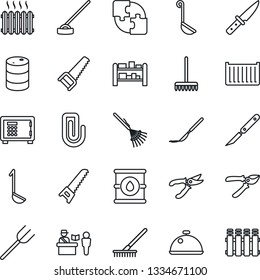 Thin Line Icon Set - passport control vector, safe, farm fork, rake, pruner, saw, hoe, scalpel, cargo container, oil barrel, rack, application, paper clip, heater, dish, ladle, knife, radiator