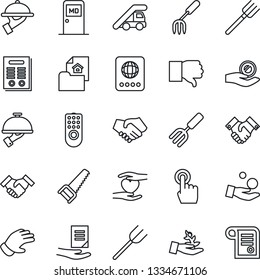 Thin Line Icon Set - passport vector, ladder car, medical room, document, garden fork, farm, glove, saw, heart hand, touch screen, finger down, handshake, contract, estate, waiter, remote control