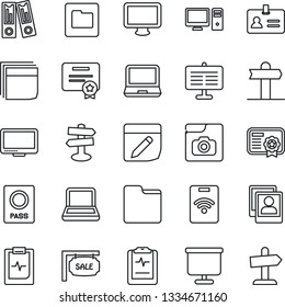 Thin Line Icon Set - passport vector, identity, office binder, pulse clipboard, signpost, monitor, laptop pc, folder, notes, photo gallery, presentation board, blank box, notebook, sale, pass card