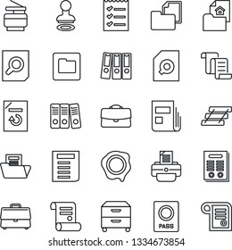 Thin Line Icon Set - passport vector, stamp, contract, document search, reload, printer, folder, case, news, checklist, paper binder, tray, archive box, copier, estate