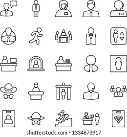 Thin Line Icon Set - passport control vector, security gate, elevator, male, reception, manager, speaking man, team, place, run, support, client, identity card, desk, meeting, career ladder, waiter
