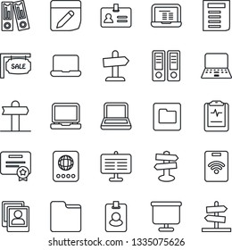 Thin Line Icon Set - passport vector, identity, office binder, notebook pc, document, pulse clipboard, signpost, laptop, folder, notes, photo gallery, presentation board, sale, pass card, guidepost