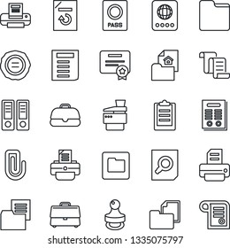 Thin Line Icon Set - passport vector, contract, office binder, document search, reload, stamp, printer, folder, clipboard, case, paper clip, copier, estate, certificate