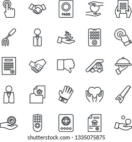Thin Line Icon Set - passport vector, ladder car, handshake, document, garden fork, glove, saw, heart hand, touch screen, finger down, contract, estate, waiter, remote control, palm sproute