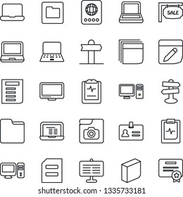 Thin Line Icon Set - passport vector, identity, notebook pc, document, pulse clipboard, signpost, monitor, laptop, folder, notes, photo gallery, presentation board, blank box, sale, certificate