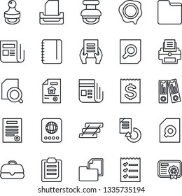 Thin Line Icon Set - passport vector, office binder, document search, notepad, reload, stamp, receipt, folder, news, clipboard, checklist, printer, paper tray, contract, estate, case, certificate