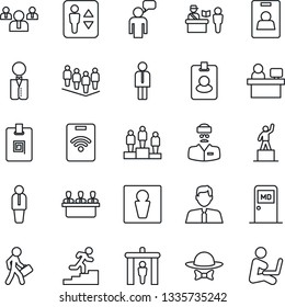 Thin Line Icon Set - passport control vector, security gate, elevator, male, medical room, manager, speaking man, pedestal, team, place, doctor, identity card, meeting, career ladder, estate agent