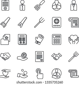 Thin Line Icon Set - passport vector, garden fork, farm, glove, saw, heart hand, client, touch screen, handshake, contract, estate document, waiter, remote control, combination lock, investment