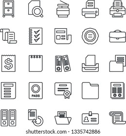 Thin Line Icon Set - passport vector, identity, contract, office binder, notepad, document, reload, stamp, printer, receipt, folder, case, news, search, checklist, paper tray, archive box, copier