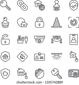 Thin Line Icon Set - passport control vector, identity, stamp, border cone, shield, flammable, chain, eye id, card, key, lock, estate insurance, vip zone, home, protect, surveillance, sprinkler