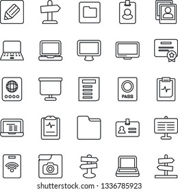 Thin Line Icon Set - passport vector, identity, notebook pc, document, pulse clipboard, signpost, monitor, laptop, folder, notes, photo gallery, presentation board, pass card, certificate, guidepost