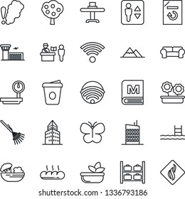Thin Line Icon Set - passport control vector, elevator, luggage storage, airport building, coffee, document reload, rake, butterfly, heavy scales, office, pool, fruit tree, mountains, wireless, menu