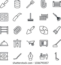 Thin Line Icon Set - passport control vector, security gate, safe, trowel, farm fork, rake, wheelbarrow, saw, hoe, garden knife, scalpel, cargo container, oil barrel, rack, application, paper clip