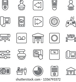 Thin Line Icon Set - passport control vector, stamp, radar, scales, gamepad, remote, fast forward, rewind, tuning, record, air conditioner, vip zone, intercome, home app, garage gate