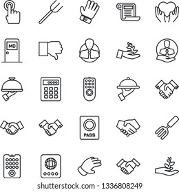 Thin Line Icon Set - passport vector, medical room, handshake, garden fork, farm, glove, heart hand, client, touch screen, finger down, waiter, remote control, combination lock, palm sproute